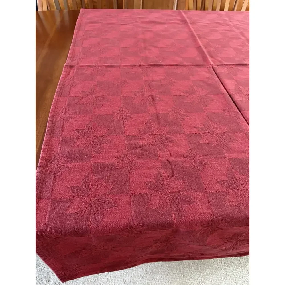 Damask Tablecloth Christmas Woven Red Poinsettia Shimmer Accents 76x56 India